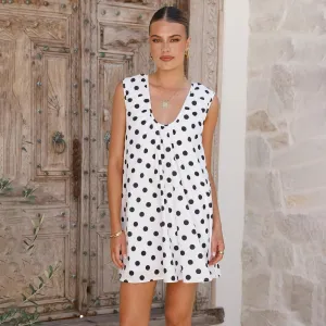 Women Fashion Casual Spring And Summer Polka Dot Print U-Neck Sleeveless Loose Dress