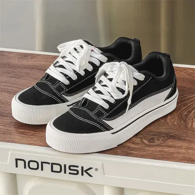 Women Casual Lace-Up Flat Canvas Sneakers Round-Toe Solid Color Shoes Plus Size