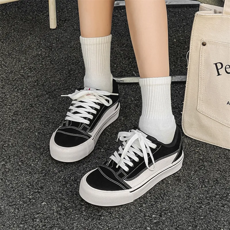 Women Casual Lace-Up Flat Canvas Sneakers Round-Toe Solid Color Shoes Plus Size
