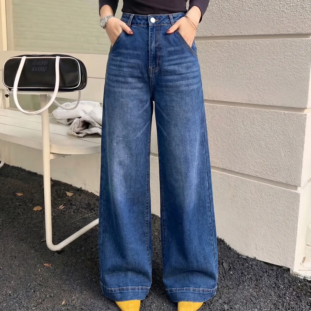 Women Fashion Casual Washed Wide Leg Straight Jeans