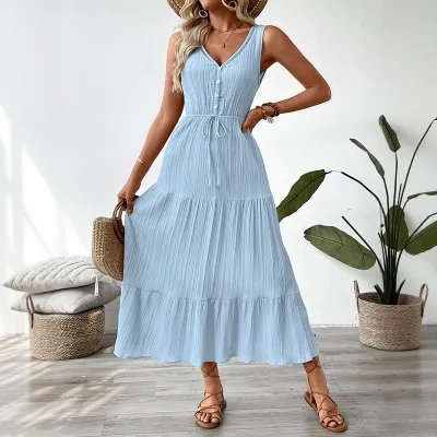 Women Fashion Casual Solid Color V-Neck Sleeveless Loose Dress