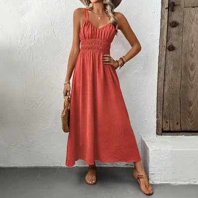 Vacation Women Fashion Casual Summer Solid Color Sleeveless Strap Loose Pleated Dress