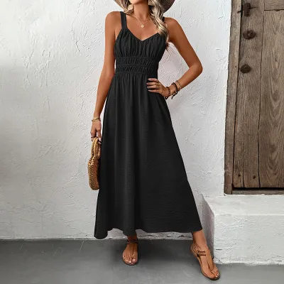 Vacation Women Fashion Casual Summer Solid Color Sleeveless Strap Loose Pleated Dress