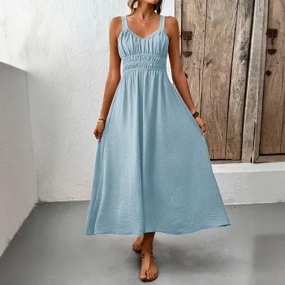 Vacation Women Fashion Casual Summer Solid Color Sleeveless Strap Loose Pleated Dress