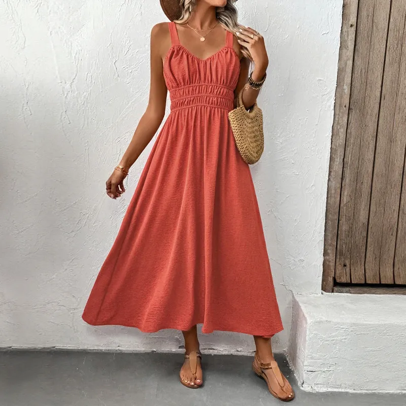 Vacation Women Fashion Casual Summer Solid Color Sleeveless Strap Loose Pleated Dress