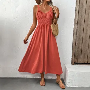 Vacation Women Fashion Casual Summer Solid Color Sleeveless Strap Loose Pleated Dress