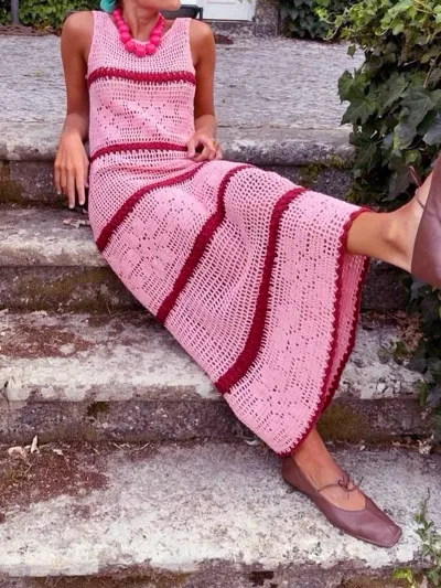 Women Fashion Casual Contrast Color Knitted Hollow Sleeveless Dress