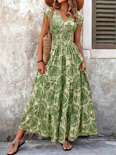 Women Fashion Casual Boho Printed V-Neck Short Sleeve Loose Dress