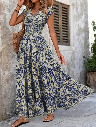 Women Fashion Casual Boho Printed V-Neck Short Sleeve Loose Dress