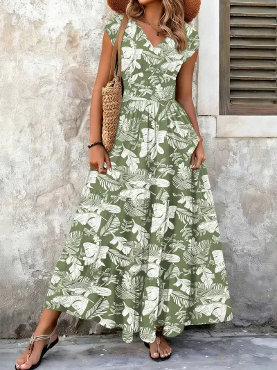 Women Fashion Casual Boho Printed V-Neck Short Sleeve Loose Dress