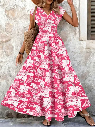 Women Fashion Casual Boho Printed V-Neck Short Sleeve Loose Dress