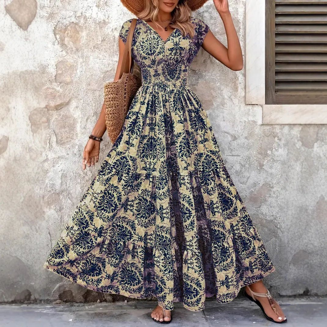 Women Fashion Casual Boho Printed V-Neck Short Sleeve Loose Dress