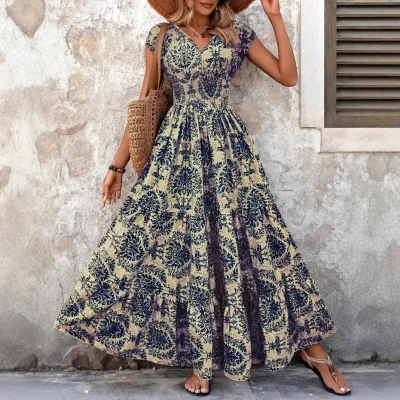 Women Fashion Casual Boho Printed V-Neck Short Sleeve Loose Dress