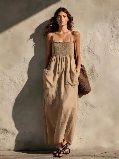 Women Fashion Casual Summer Solid Color Cotton Linen Sleeveless Loose Dress