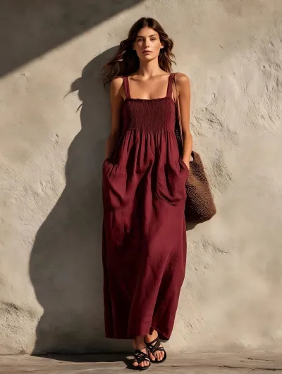 Women Fashion Casual Summer Solid Color Cotton Linen Sleeveless Loose Dress