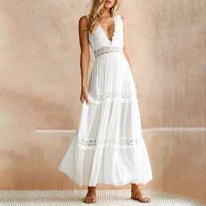 Women Fashion Casual Solid Color Lace V-Neck Sleeveless Backless Loose Dress