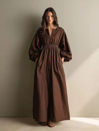 Women Fashion Casual Solid Color V-Neck Long Sleeve Loose Dress