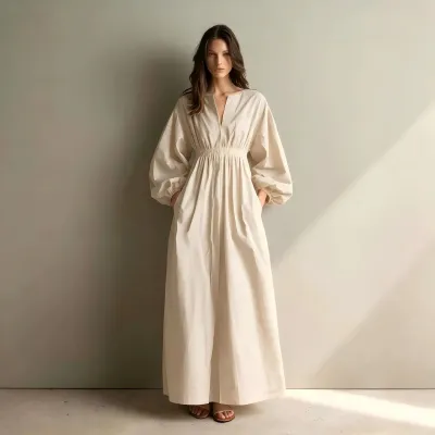 Women Fashion Casual Solid Color V-Neck Long Sleeve Loose Dress