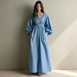 Women Fashion Casual Solid Color V-Neck Long Sleeve Loose Dress