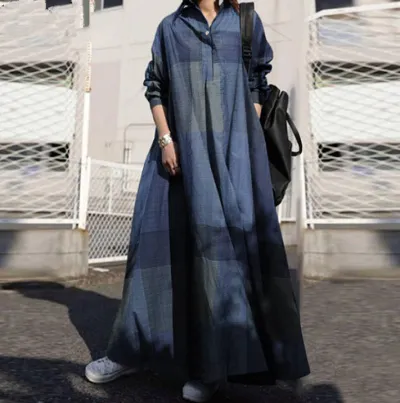 Women Fashion Casual Retro Cotton-Linen Plaid Printed Long-Sleeve Loose Dress