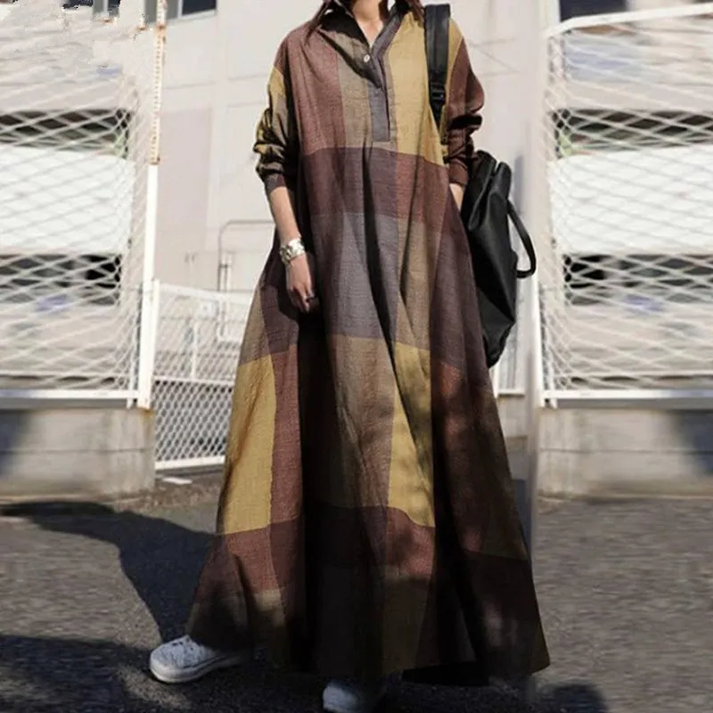 Women Fashion Casual Retro Cotton-Linen Plaid Printed Long-Sleeve Loose Dress