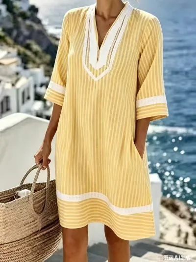 Women Fashion Casual Vacation Printed V-Neck Short-Sleeve Loose Dress