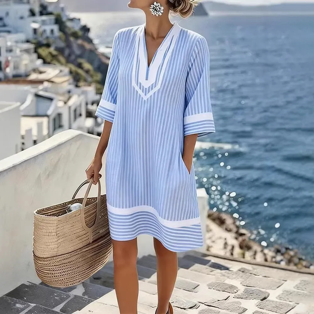 Women Fashion Casual Vacation Printed V-Neck Short-Sleeve Loose Dress