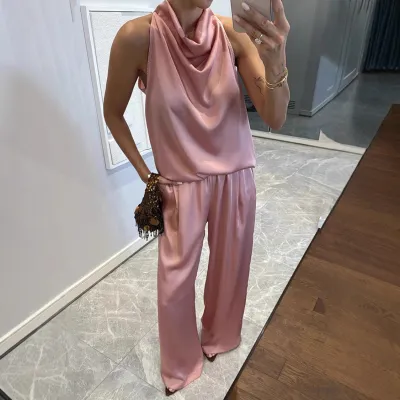 Women Fashion Casual Spring And Summer Solid Color Satin Sleeveless Top Loose Pants Two-Piece Set