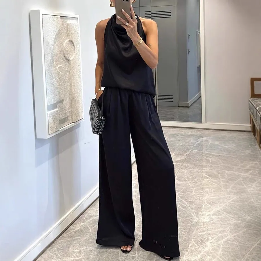 Women Fashion Casual Spring And Summer Solid Color Satin Sleeveless Top Loose Pants Two-Piece Set