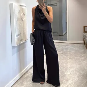 Women Fashion Casual Spring And Summer Solid Color Satin Sleeveless Top Loose Pants Two-Piece Set