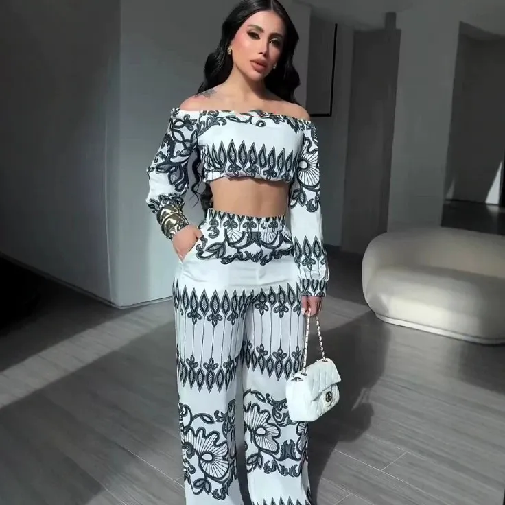 Women Fashion Casual Digital Printed Long-Sleeve Crop Top Loose Pants Two-Piece Set