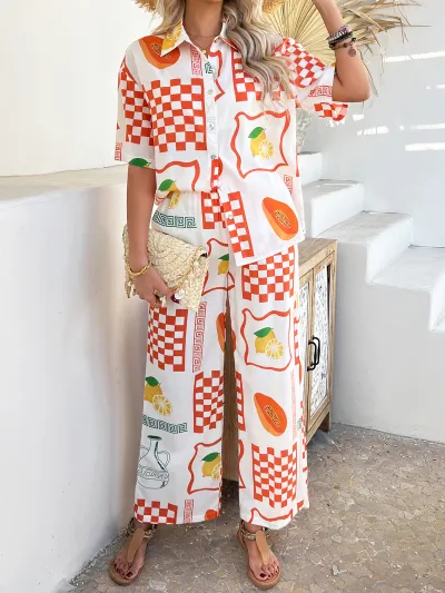 Women Fashion Casual Vacation Spring And Summer Geometric Printed Short-Sleeve Blouse Wide-Leg Pants Two-Piece Set