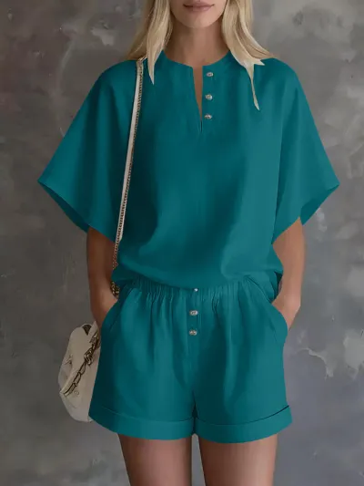Women Fashion Casual Solid Color Stand-Up Collar Short-Sleeve Elastic Waist Loose Shorts Two-Piece Set