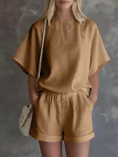 Women Fashion Casual Solid Color Stand-Up Collar Short-Sleeve Elastic Waist Loose Shorts Two-Piece Set