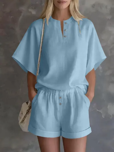 Women Fashion Casual Solid Color Stand-Up Collar Short-Sleeve Elastic Waist Loose Shorts Two-Piece Set