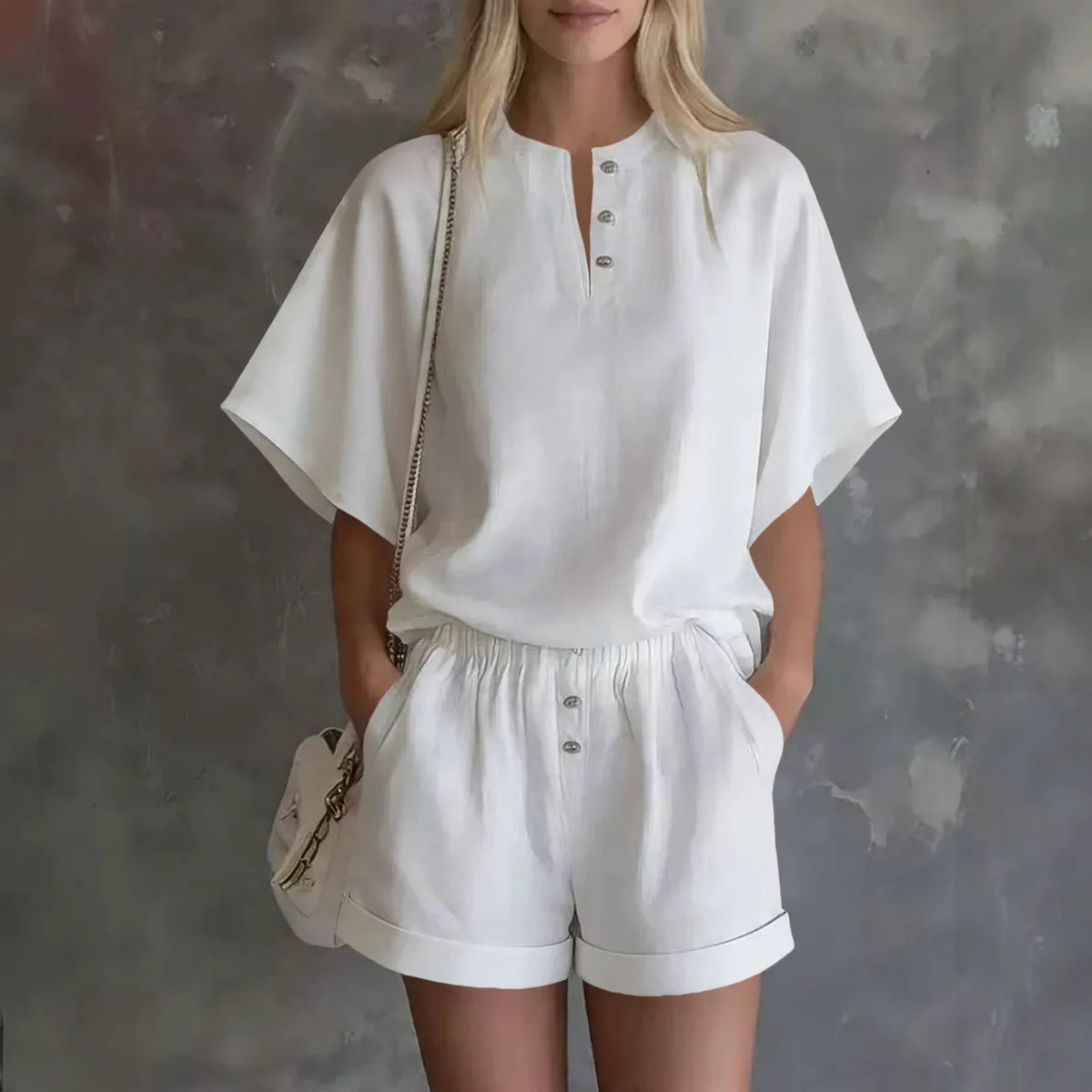Women Fashion Casual Solid Color Stand-Up Collar Short-Sleeve Elastic Waist Loose Shorts Two-Piece Set