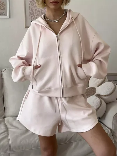 Women Fashion Fashion Spring Solid Color Long-Sleeve Hoodies Loose Pocket Shorts Two-Piece Set