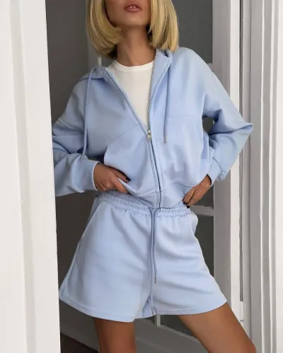 Women Fashion Fashion Spring Solid Color Long-Sleeve Hoodies Loose Pocket Shorts Two-Piece Set