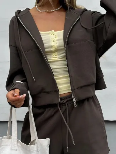 Women Fashion Fashion Spring Solid Color Long-Sleeve Hoodies Loose Pocket Shorts Two-Piece Set