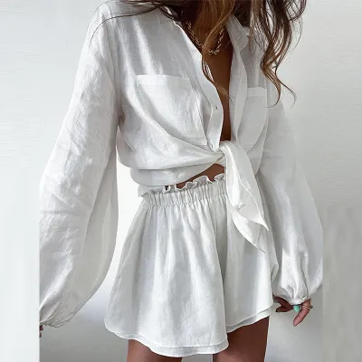 Women Fashion Casual Spring Solid Color Laple Long-Sleeve Blouse Ruffled Shorts Two-Piece Set