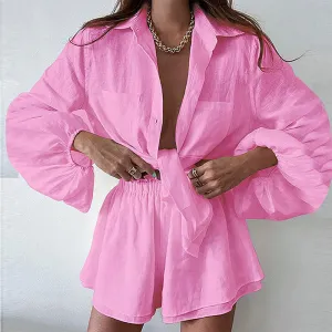 Women Fashion Casual Spring Solid Color Laple Long-Sleeve Blouse Ruffled Shorts Two-Piece Set