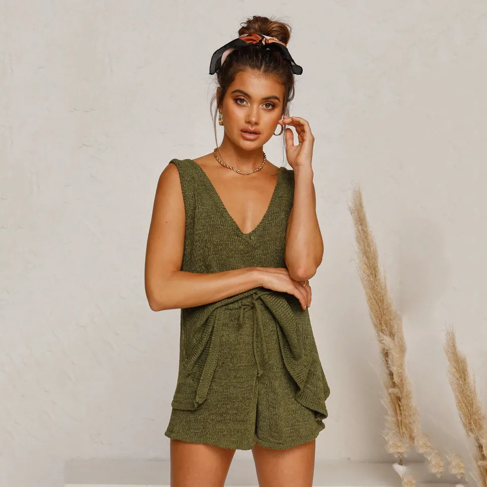Women Fashion Casual Summer Solid Color Knitted Deep V-Neck Tank Top Loose Shorts Two-Piece Set