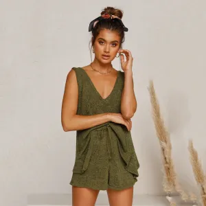 Women Fashion Casual Summer Solid Color Knitted Deep V-Neck Tank Top Loose Shorts Two-Piece Set