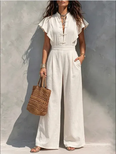 Women Fashion Casual Vacation Solid Color Linen Chinese Knot Collar Button Short Sleeve Wide Leg Jumpsuits