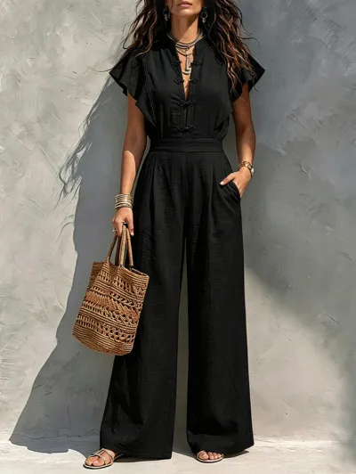 Women Fashion Casual Vacation Solid Color Linen Chinese Knot Collar Button Short Sleeve Wide Leg Jumpsuits