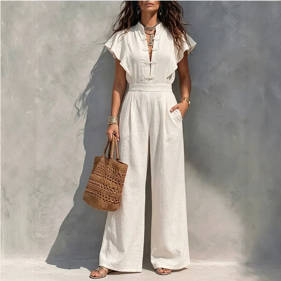 Women Fashion Casual Vacation Solid Color Linen Chinese Knot Collar Button Short Sleeve Wide Leg Jumpsuits