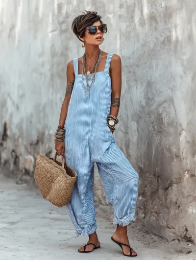 Women Fashion Casual Summer Stripe Sleeveless Thin Loose Jumpsuit
