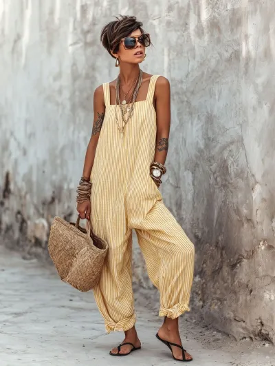 Women Fashion Casual Summer Stripe Sleeveless Thin Loose Jumpsuit
