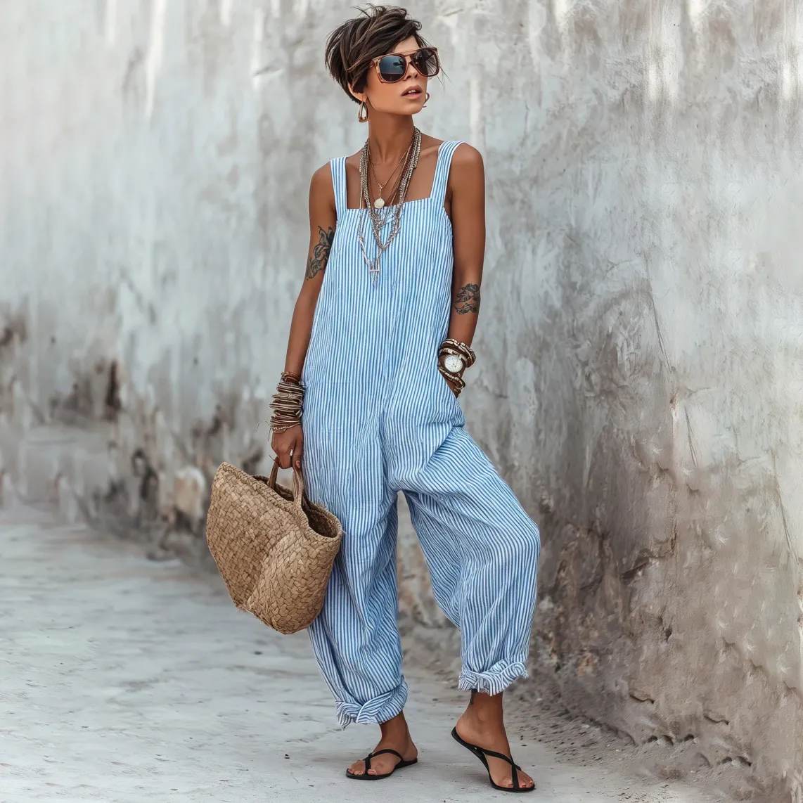 Women Fashion Casual Summer Stripe Sleeveless Thin Loose Jumpsuit