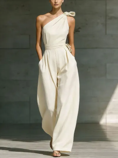 Women Fashion Casual Summer Slant Shoulder Sleeveless Tight Waist Lace-Up Pleated Loose Jumpsuits